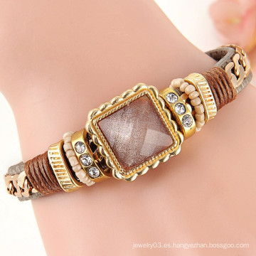 Productos únicos para vender pulsera de cuero de cristal boho vintage, pulsera de cuero de cadena de oro